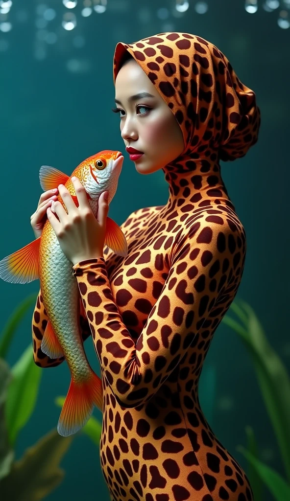 The most beautiful,most slender thin and most clever malaysian muslimah adult feamle person with beautiful cheeks wears giraffe print lycra turtleneck unitard catsuit covered with spots and always wearing giraffe print lycra elastane stretchy dancewear hijab covered with spots.She is hugging an arowana from aquarium at home.