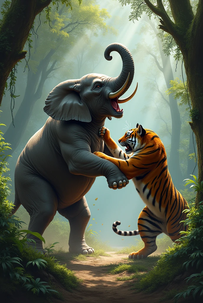 Elephant and tiger are boxing in forest