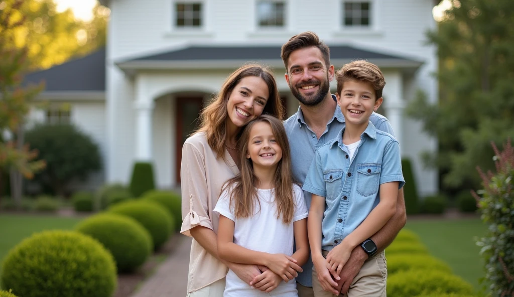 A lovely young and happy couple with a young g daughter and son photograph infront of their beautiful house 