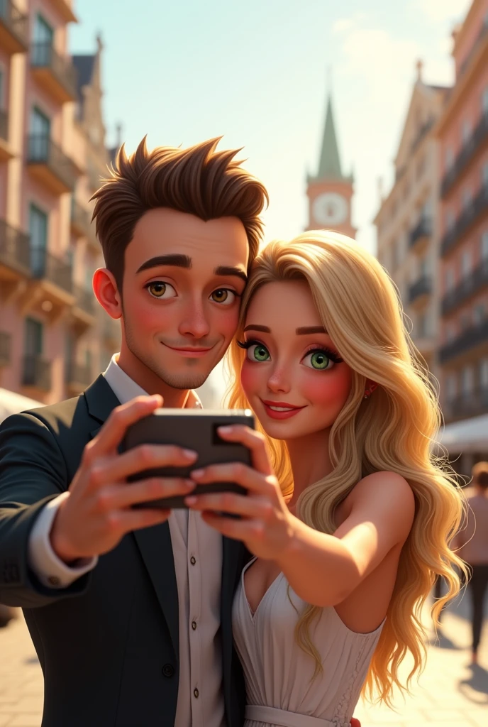 A couple, he brown hair and eyes, she blonde long hair green eyes hugging taking a selfie in Madrid 8k ultrarealistic photorealistic