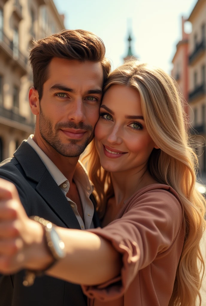 A couple, he brown hair and eyes, she blonde long hair green eyes hugging taking a selfie in Madrid 8k ultrarealistic photorealistic 