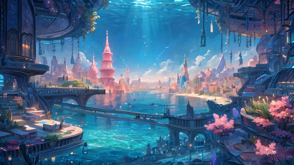 ((masterpiece)),((Highest quality)),((High Detail)),nobody,background,fantasy, A fantastic and quiet deep sea city, Looking up at the water surface from the ocean floor, The city is very big、Futuristic buildings line the streets, And the spire. Completely submerged in clear blue and pink water. The entire city is covered by a large dome-shaped glass structure.. Quiet and calm scene. A soft, shining light illuminates the city. The water surface above is shining in the sunlight., Create beautiful patterns. The city is quiet, Surrounded by vibrant marine life and coral reefs. The water is deep, Creates a mysterious and calm atmosphere. Capturing the enchanting beauty of underwater cities