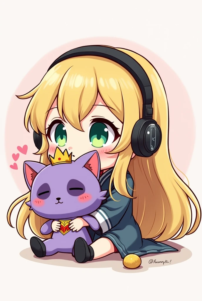 CHIBI BLONDE AUX CHEVEUX LONG AUX YEUX VERT QUI FAIT UN BISOUS ET QUI AS UN CASQUE GAMING SUR LA TETE ET QUI PORTE DANS SES MAINS UNE PELUCHE D UN PETIT CHAT VIOLET AVEC DES SUPER POUVOIRS QUI AS SUR LA TETE UNE COURONNE DORE LE DESSIN DOIT ETRE EN MODE DESSIN