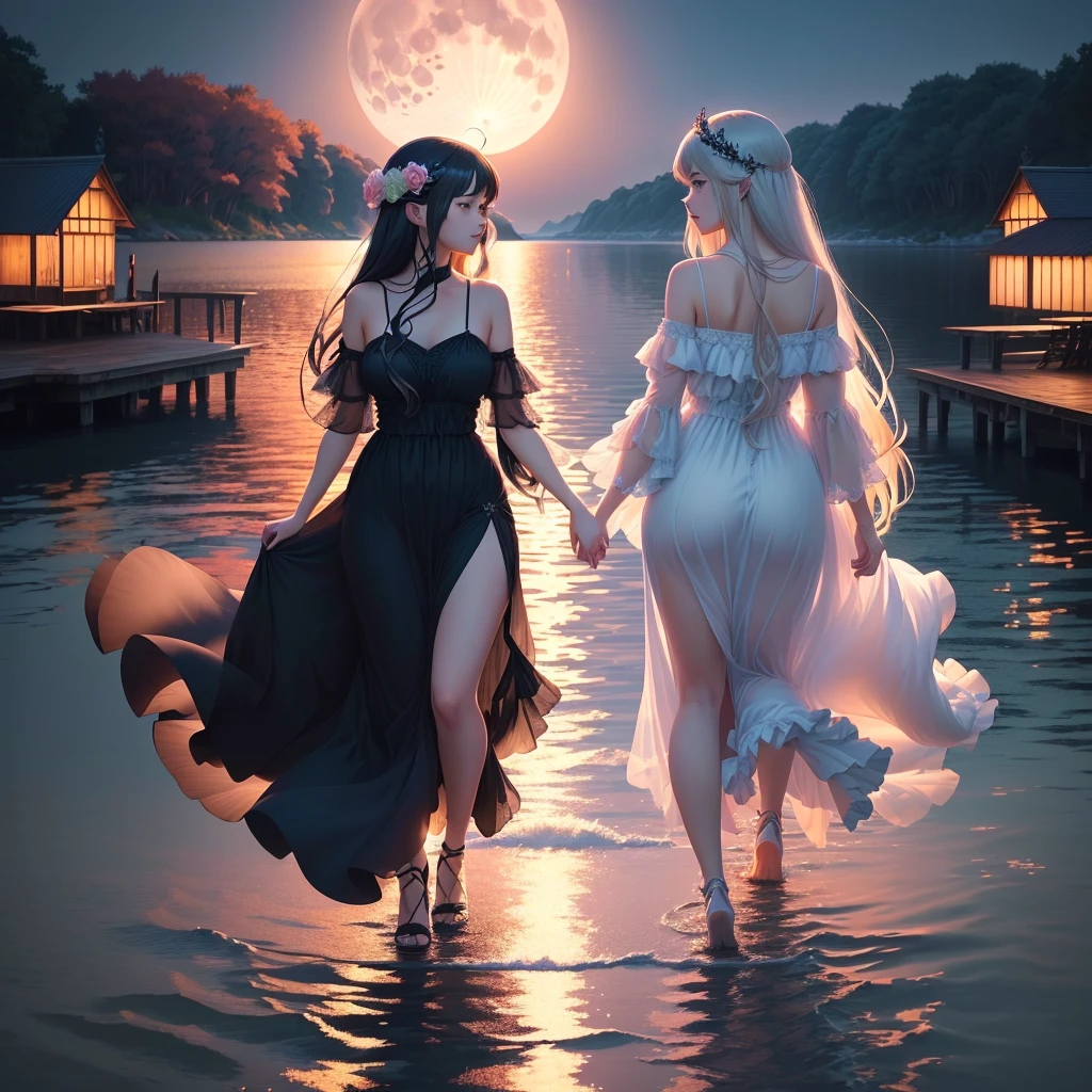 two women in long dresses walking across a body of water under a full moon, anime art wallpaper 8 k, anime art wallpaper 4 k, anime art wallpaper 4k, beautiful anime artwork, anime wallpaper 4k, anime wallpaper 4 k, 4k anime wallpaper, ethereal anime, beautiful anime, 4 k manga wallpaper, beautiful anime art, beautiful fantasy anime, anime epic artwork