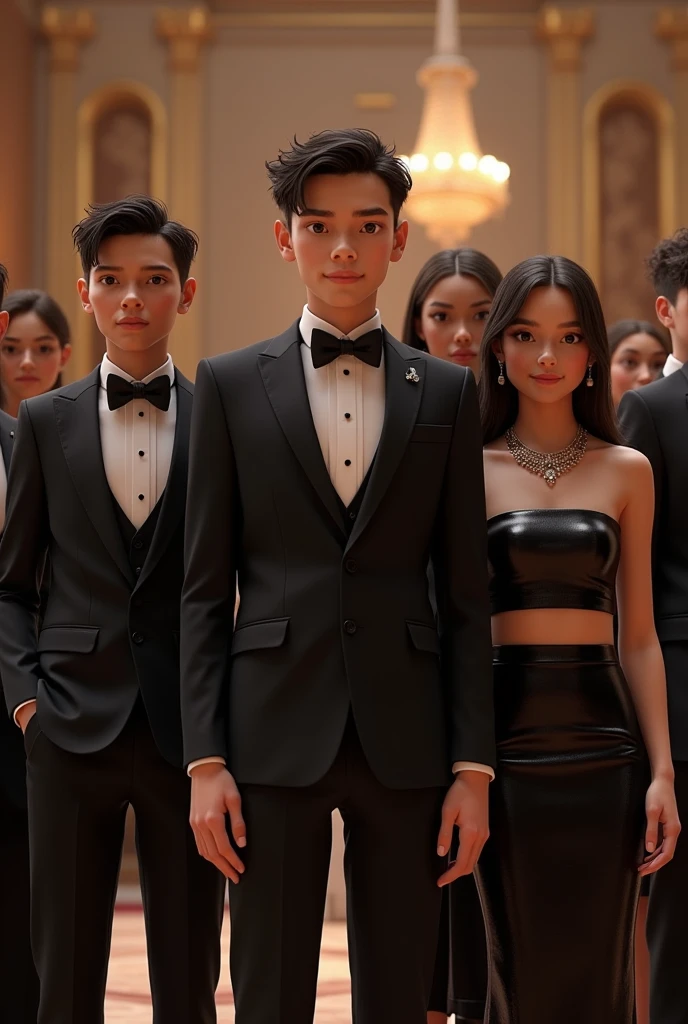 (photorealism:1.2) Group of boys in tuxedos and group of girls in two-piece dress crop top and skirt 