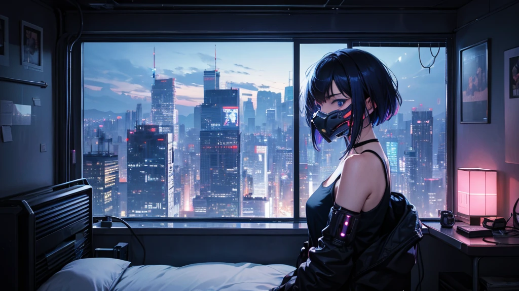 One person, alone, mask, Landscape,Looking out the window,night,Relax in a modest bed,Edge of the screen,Short Hair,, whole body, Black Hair, mouth mask, Holding, blue eyes, Tank top, A small room for a single person with a large glass window on all sides, , Halftone, cable,Neon Light,(cyber punk:1.2),night,