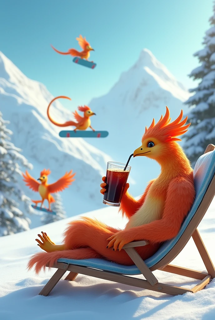 Snow scene, phoenix, on top of a snowy mountain, on vacation, sleeping on a beach chair, holding a large glass, drinking cola with a straw, breaking, multiple phoenixes in the background, phoenix jumping into the snow, doing snowboarding Phoenix,