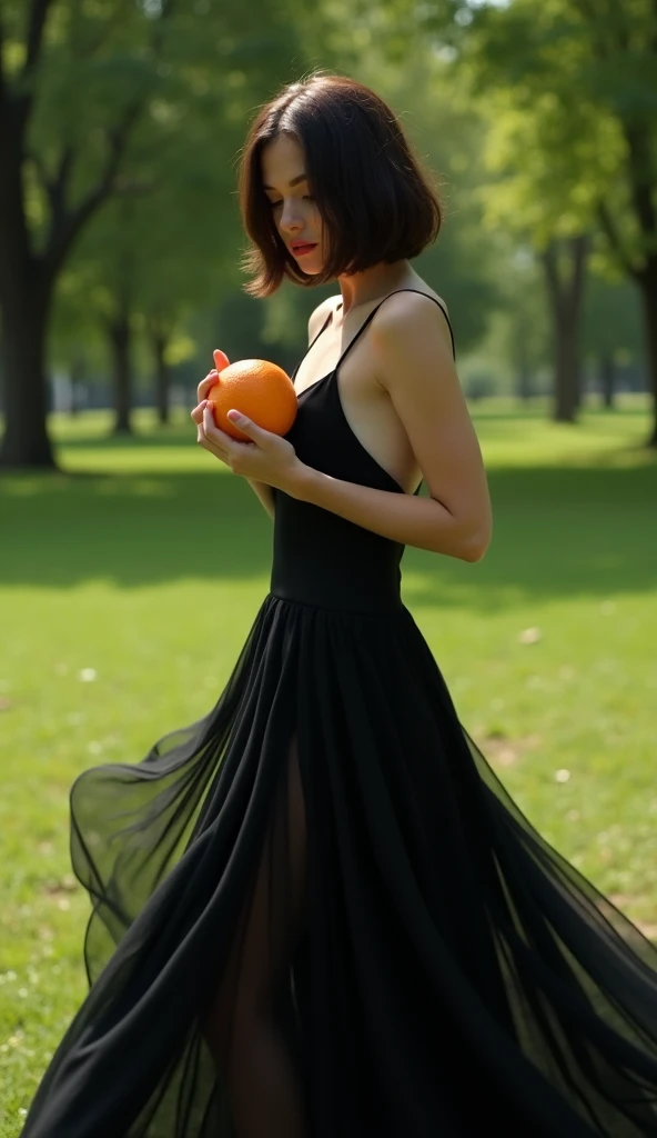 a woman in a black dress holding an orange in a park, lady in a bright floral dress, sophisticated fashion photoshoot by Hristofor Zhefarovich, flowing black dress, black dress, stunning elegant pose, julia razumova style, anton fadeev 8k, wearing an elegant dress, elegant dress, Anna Nikonova aka Newmilky, bob cut, embarrassed, cinematic lighting, reflection light, drop shadow, Fujicolor