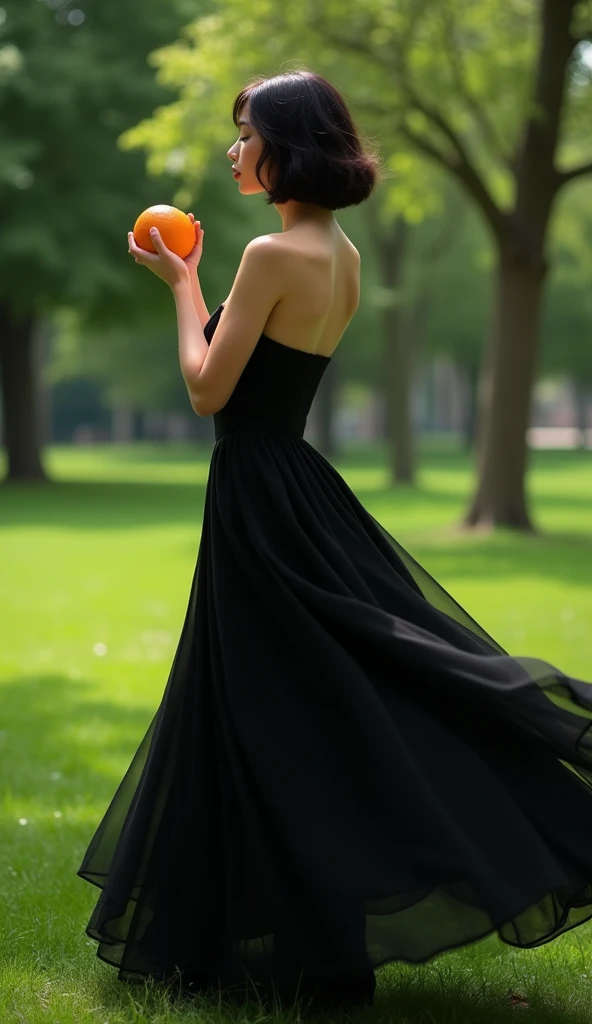 a woman in a black dress holding an orange in a park, lady in a bright floral dress, sophisticated fashion photoshoot by Hristofor Zhefarovich, flowing black dress, black dress, stunning elegant pose, julia razumova style, anton fadeev 8k, wearing an elegant dress, elegant dress, Anna Nikonova aka Newmilky, bob cut, embarrassed, cinematic lighting, reflection light, drop shadow, Fujicolor