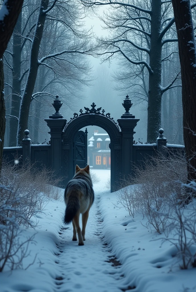 decor ultra realiste, d'une forêt, avec au bout un grand portail noir, manoir éclairé derriere le portail, des arbres blancs, de la neige, decor feerique, loup qui marche sur le chemin menant au portail, magie