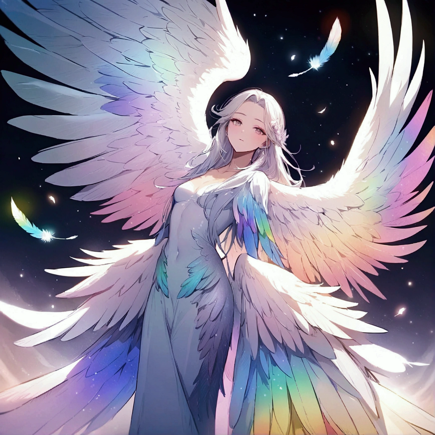 rainbow gradient feathers, Decorate with many wings like a majestic bird, Showcasing breathtaking natural beauty.Angel