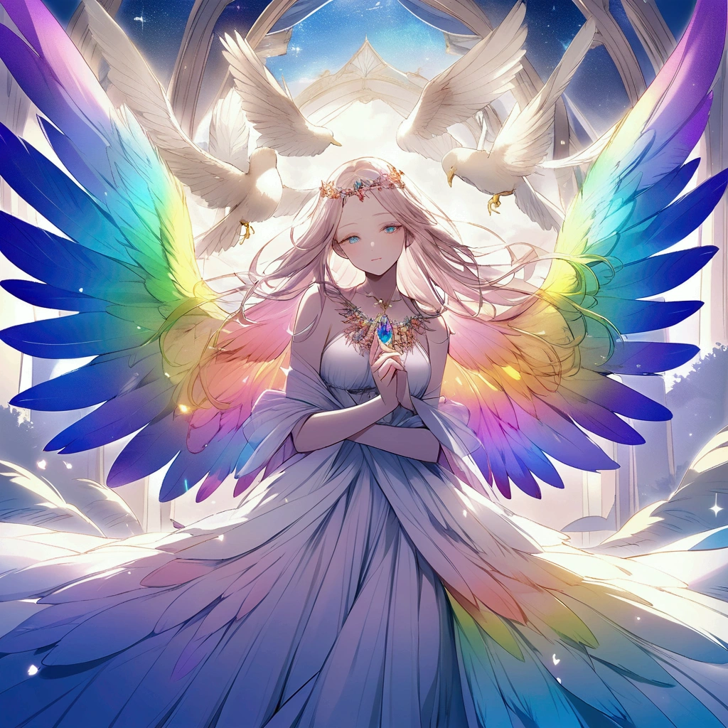 rainbow gradient feathers, Decorate with many wings like a majestic bird, Showcasing breathtaking natural beauty.Angel