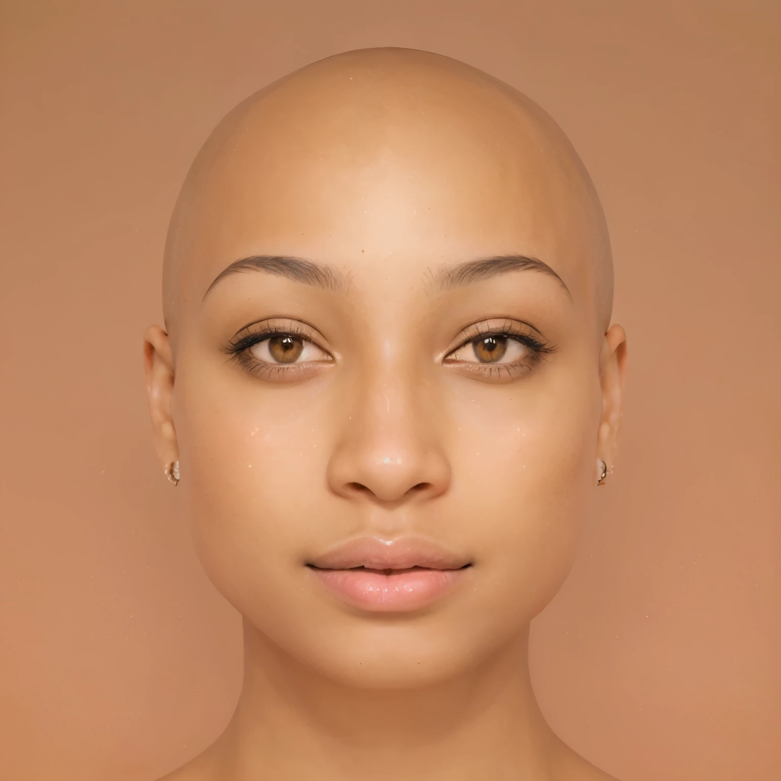 there is a lite skined african american woman with a bald head and a pink lip, symmetrical face, clear symmetrical face, symmetric portrait, face morph, face symmetrical, symmetrical centered portrait, symetrical face, symmetrical beautiful human face, symmetrical face portrait, perfect symmetric face, very symmetrical face, symmetric face, prefect symmetrical face