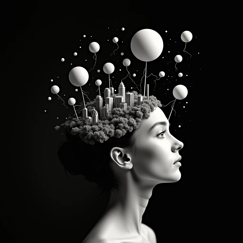 a portrait of {subject}, in the style of a new look, black backdrop, a set of floating shapes and figures that represent the cosmos, with large geometric circles in monochromatic contrasting tones, and little black dots scattered all over. Among these shapes is a miniature city made up of small buildings, Trees, and other urban elements. The overall effect should be one of whimsy and fantasy., with a surreal quality that gives it a dreamlike touch. reverse the channels, Negative color