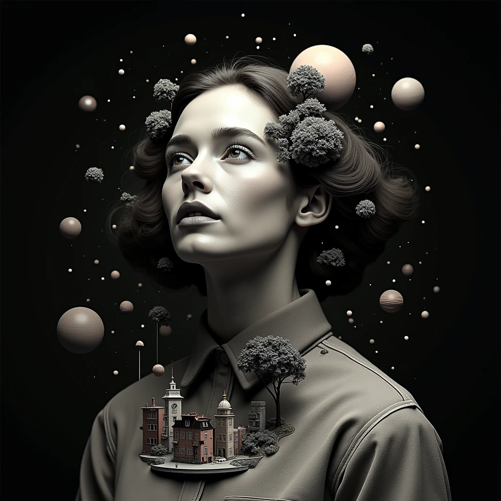a portrait of {subject}, in the style of a new look, black backdrop, a set of floating shapes and figures that represent the cosmos, with large geometric circles in monochromatic contrasting tones, and little black dots scattered all over. Among these shapes is a miniature city made up of small buildings, Trees, and other urban elements. The overall effect should be one of whimsy and fantasy., with a surreal quality that gives it a dreamlike touch. reverse the channels, Negative color