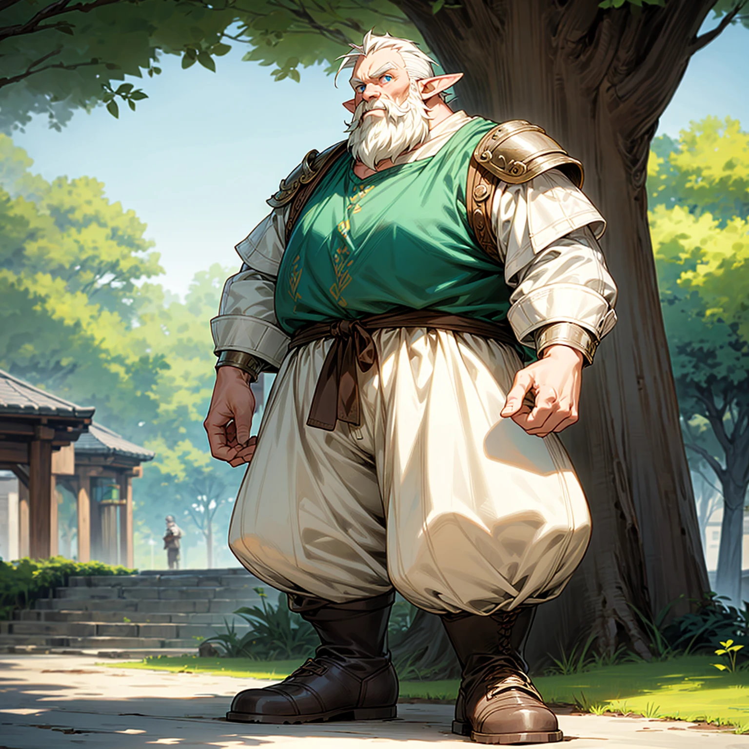 Solo character, full body version, old man, big man, very fat, (elf), blue eyes, white color hair, undercut hair, casual clothing, white color clothing, brown pants, boots, outdoor, park, village, medieval, standing gesture, detailed background, detailed clothing, detailed hair, (one piece style art), armored, white beard 