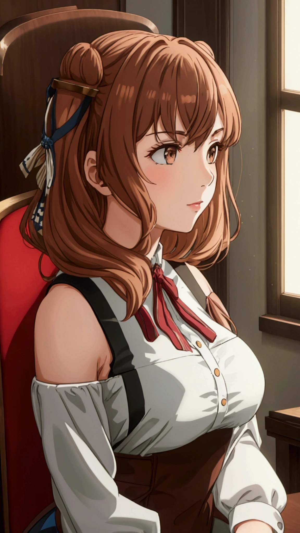 Highest quality　masterpiece　High resolution　Fleet Collection_Johnston　One Girl　Chestnut Hair　Casual attire　delicate　Sit on a chair　Look up here