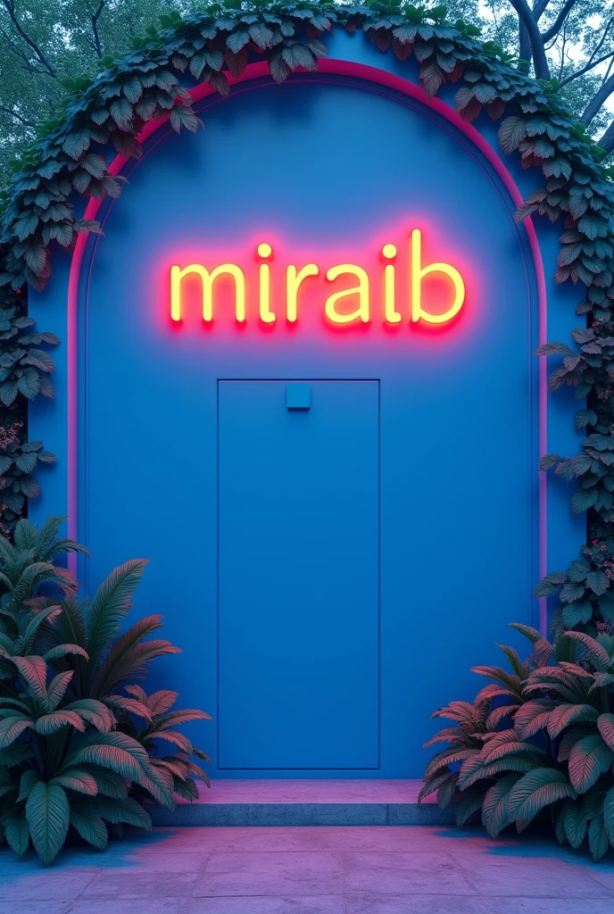 A bluey background Stylish wall written on the upper side of the wall "MIRAIB" with Yellow Neon lighting Tiktok size picture 
 