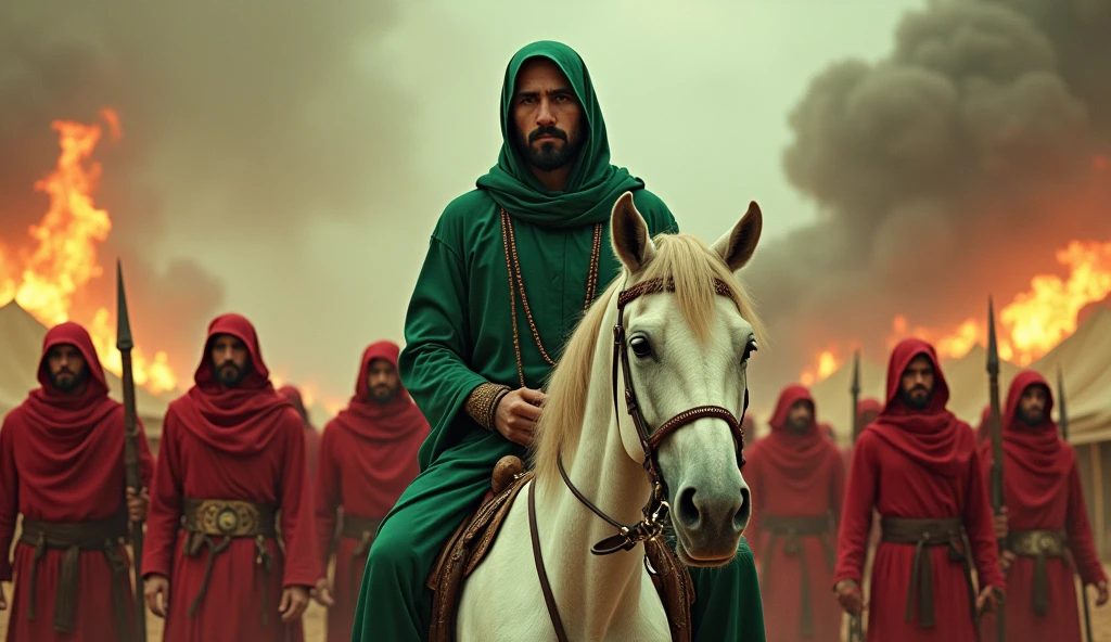 A men wear green hijab sitting  white horse,
both hands are placed by handcuff ,
Handcuffs are placed on the neck
Burning tents,
Burning date tress,
8 men wear red suit with swords,shields,javelin
No modern weopan,
All things ancient type only,
Bloody sky,


