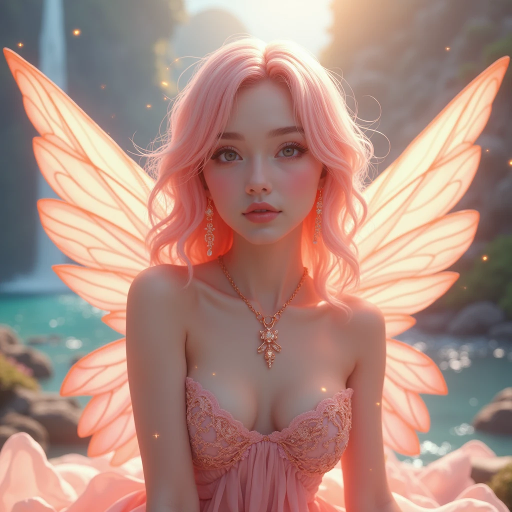 Light peach pink dress、thong&good,(((Very elegant and beautiful、Perfect detail、Very detailed))),whole body,Top quality,Depth of the boundary,美しい細部のwhole body,Thin legs,One person、Peach pink hair、Beautiful detailed hair、Perfect Face、Expressionless and beautiful. Beautiful. Detailed.、 Deep Eyes、Delicate arms and hands、Pale Skin、Earrings、Beautiful and gorgeous necklace、Colorful background、HD Background、Blurred background,Very delicate and beautiful,masterpiece,(((Highest quality,Very beautiful 8K CG wallpaper))),(((Trendy Hairstyles))),(Mysterious lake below the waterfall、goddess、)、Large Breasts、firefly、Fairy powder、Illustration、Sparkle Effect, Lens flare, Surrealism, Gentle colors, Soft Light, realism, Digital Art, Anime Style, Illustration, Has large iridescent fairy wings