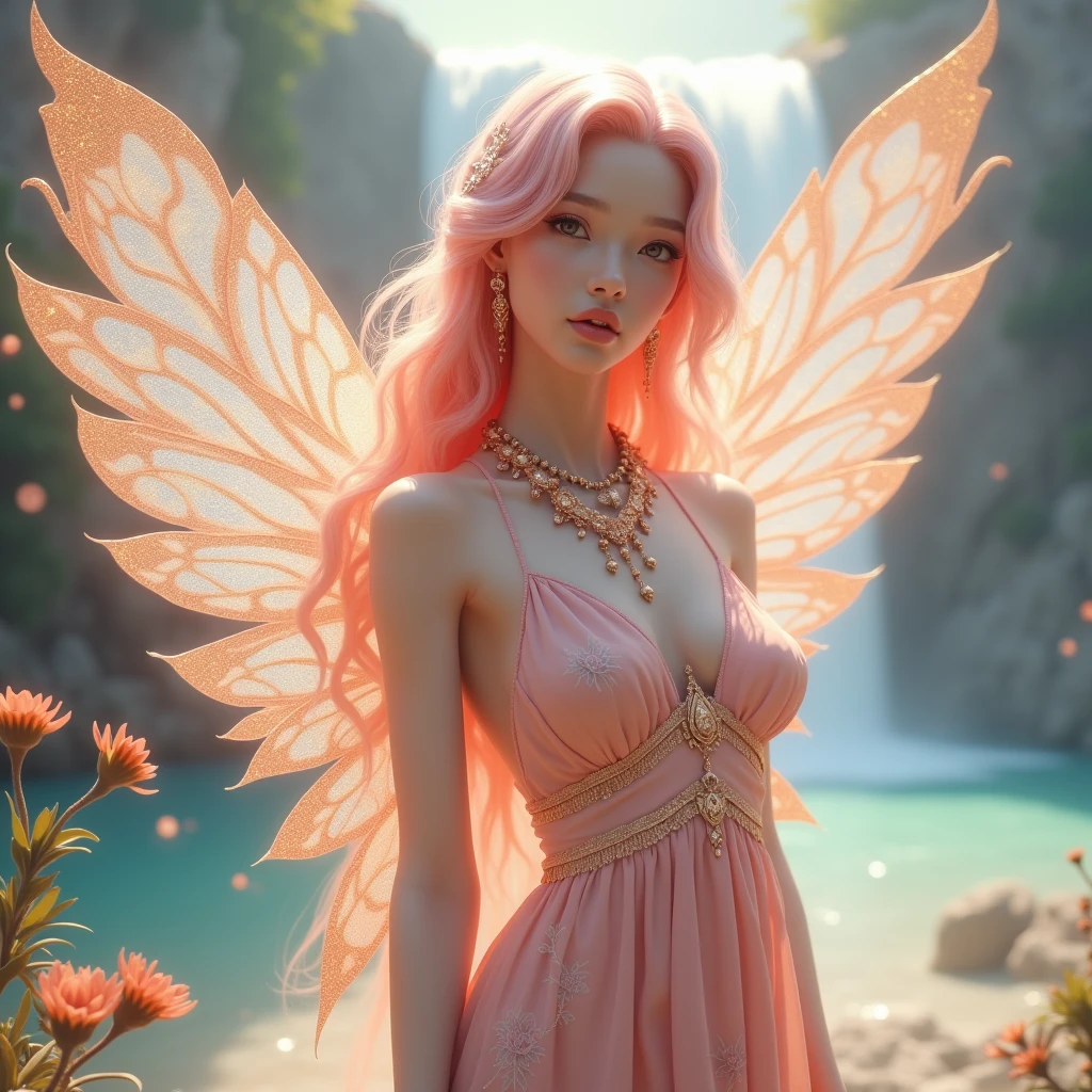 Light peach pink dress、thong&good,(((Very elegant and beautiful、Perfect detail、Very detailed))),whole body,Top quality,Depth of the boundary,美しい細部のwhole body,Thin legs,One person、Peach pink hair、Beautiful detailed hair、Perfect Face、Expressionless and beautiful. Beautiful. Detailed.、 Deep Eyes、Delicate arms and hands、Pale Skin、Earrings、Beautiful and gorgeous necklace、Colorful background、HD Background、Blurred background,Very delicate and beautiful,masterpiece,(((Highest quality,Very beautiful 8K CG wallpaper))),(((Trendy Hairstyles))),(Mysterious lake below the waterfall、goddess、)、Large Breasts、firefly、Fairy powder、Illustration、Sparkle Effect, Lens flare, Surrealism, Gentle colors, Soft Light, realism, Digital Art, Anime Style, Illustration, Has large iridescent fairy wings