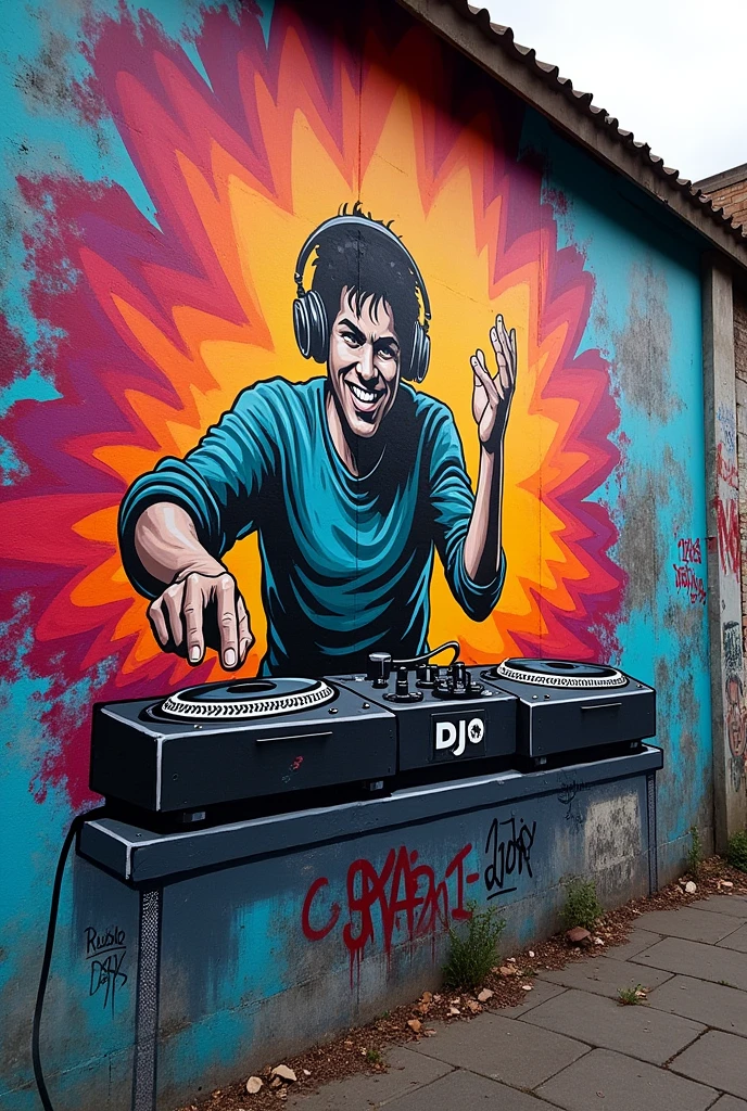 Graffiti of a Disc Jockey painted on a wall