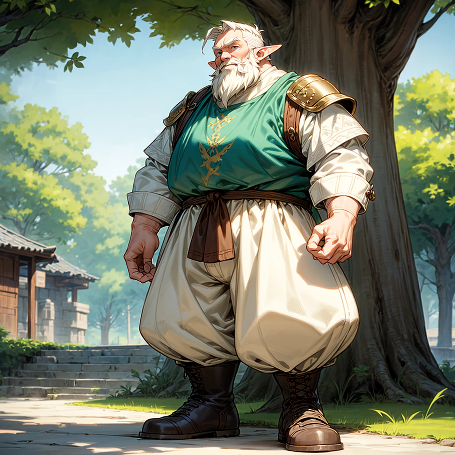 Solo character, full body version, old man, big man, very fat, (elf), blue eyes, white color hair, undercut hair, casual clothing, white color clothing, brown pants, boots, outdoor, park, village, medieval, standing gesture, detailed background, detailed clothing, detailed hair, (one piece style art), armored, white beard, close eyes