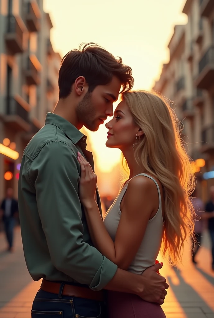 A couple he brown hair and eyes she blonde long hair green eyes hugging in Madrid 8k ultrarealistic photorealistic 
