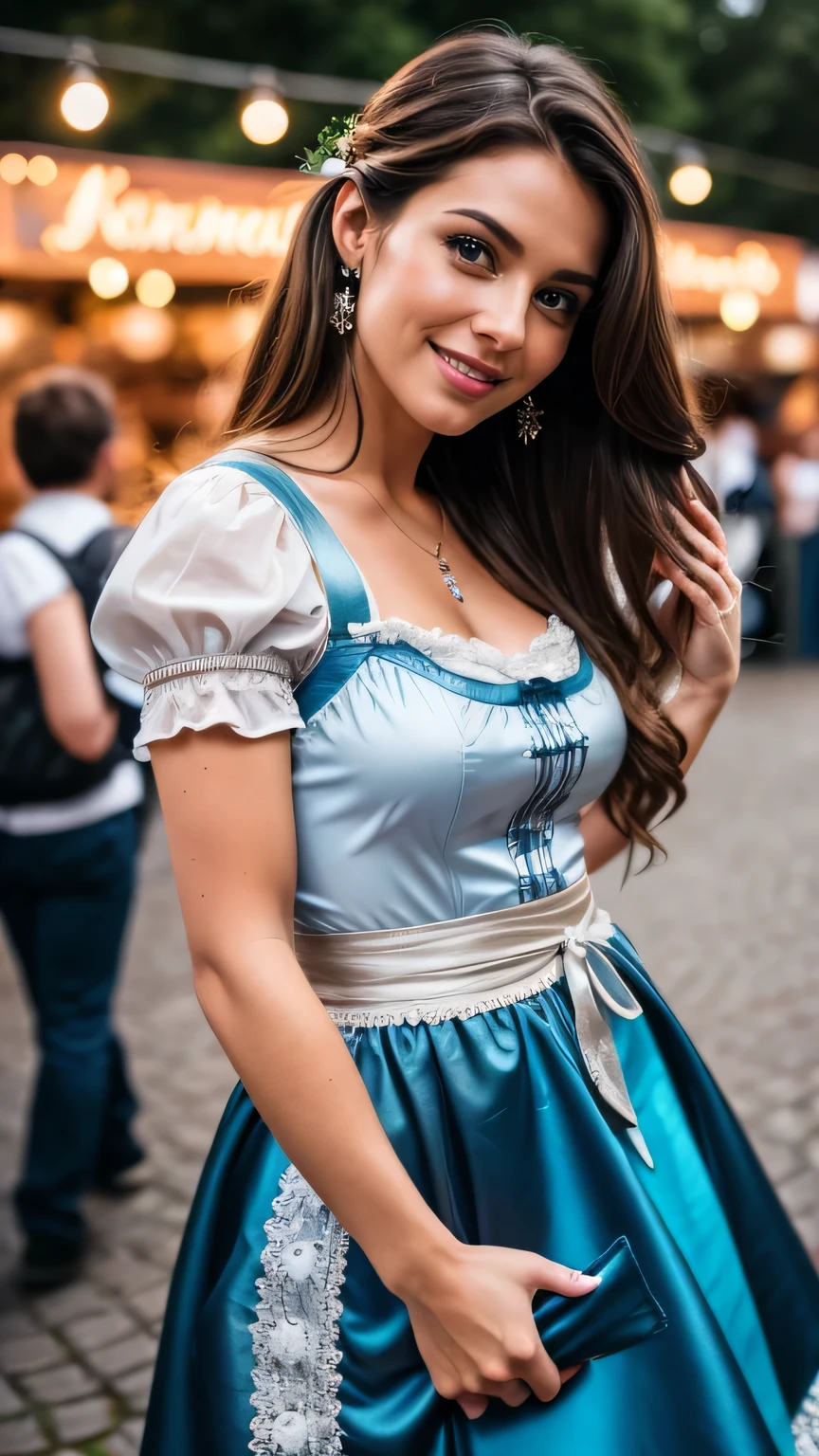 Realistic full body photo of a smiling brunette woman with long hair, She dances in front of the camera in a blue dirndl with a silver satin apron, Fine fabrics, Park,glamour fotoshooting, Wedding celebration, perfect anatomy, perfect brown eyes. Perfect hands with 5 fingers on each hand, Matching girl, look into the camera, 1 Frau. (Eye make up:1.1), (highly detailed skin:1.1), spirit, analog style, keen focus, 8K UHD, dslr, good quality, Fujifilm XT3, Grain, Award-winning, masterpiece. oktoberfest