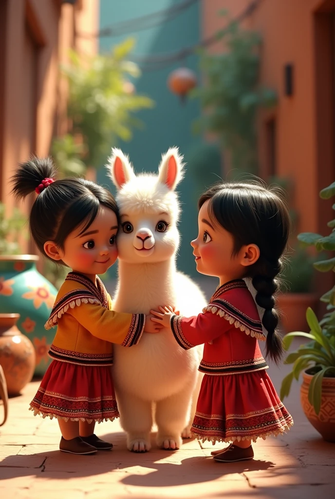 Enfants vetement traditionnel peruvien aui carresse un Alpagas decors peruviens froufrous type pixar