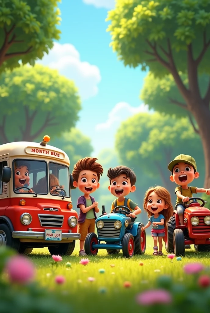The bus, a car, a Tractor and a Bicycle, with smiling children, next to each other in the park.