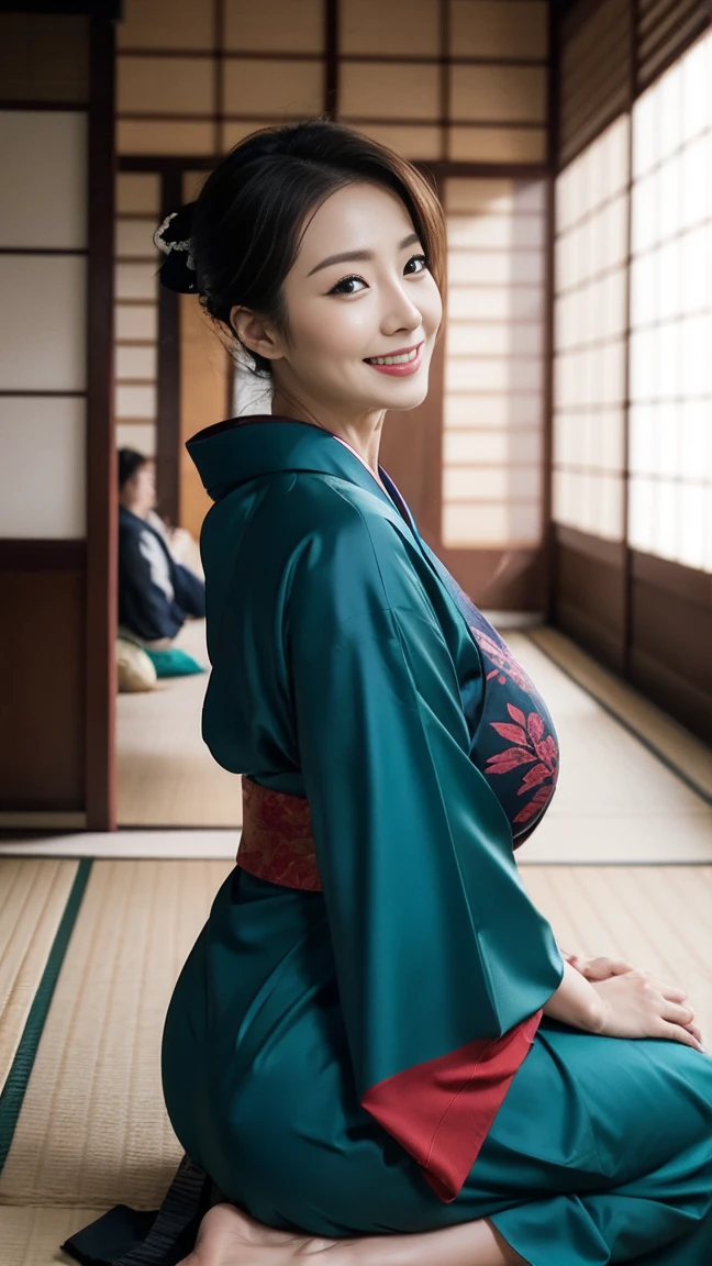 Mature attractive sexy woman,50 years old, ((kimono)),((green))、(((kimono))),Shut,((Big Breasts:1.1)),(Facial wrinkles:1.3),light makeup,Light brown hair,Long Hair,(Full body photo:0.85),(Emphasize big buttocks),8k, RAW Photos, Highest quality, Laughter,masterpiece,Highest quality、A kind smile、Captivating Gaze、Random Hairstyles、Japanese-style room、Shoji Screen、lanthanum、