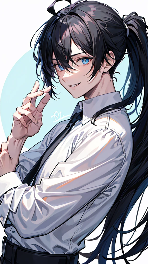 1guy, Handsome man, Solo, from side, upper body, Man with black hair, up looking at viewer, ((masterpiece, Best Quality)), standing, Beautiful detailed eyes, beautiful detailed face, blue eyes, black hair, hair over right eye, Bangs that hide the right eye, One eye hides, ponytail, a cool, ahoge, twinks, Young man with black hair, shirt, Calm, Soothing, The best smile, hide one eye