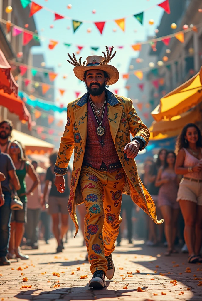 A man in eccentric fashion walking around at a parade