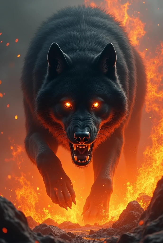 a giant black wolf Fenrir, white eyes, Fenrir surrounded by fire