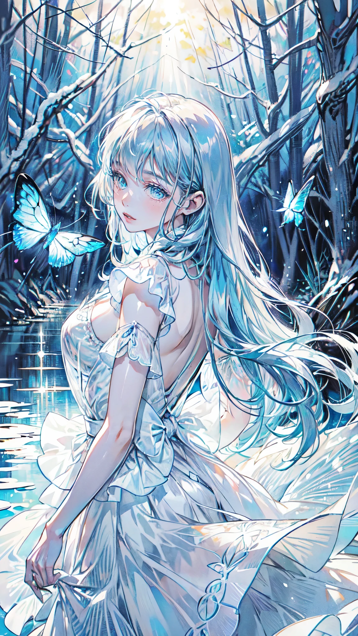 est quality,ultra-detailed),(realistic:1.37),transparent water,blue butterfly,beautiful detailed eyes,beautiful detailed lips,sparkling,airy,ethereal,soft sunlight,calm,serene,white gauze skirt,vivid colors, back turn, detailed face, detailed eyes, detailed hands