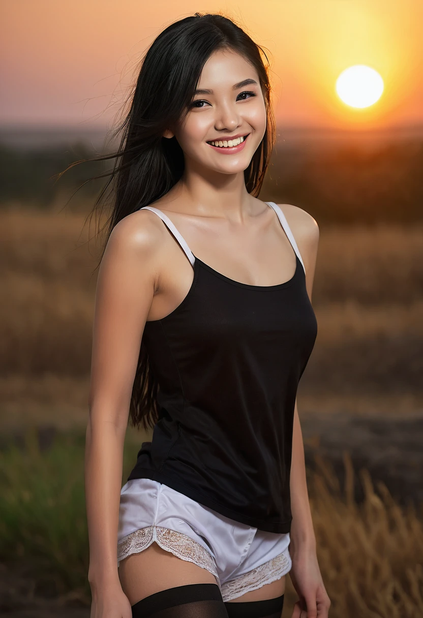 1 girl, photo model, smile, focus on the audience, beautiful lighting, highest quality, masterpiece, ultra high resolution, realistic, black hair, short tank top, shorts, long stockings, medium breasts, white skin,( sunset background:1.4)