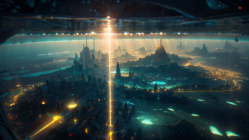 ((masterpiece)),((Highest quality)),((High Detail)),nobody,background,fantasy, A fantastic and quiet deep sea city, Looking up at the water surface from the ocean floor, The city is very big、Futuristic buildings line the streets, And the spire. Completely submerged in clear blue and pink water. Quiet and calm scene. A soft, shining light illuminates the city. The water surface above is shining in the sunlight., Create beautiful patterns. The city is quiet, Surrounded by vibrant marine life and coral reefs. The water is deep, Creates a mysterious and calm atmosphere. Capturing the enchanting beauty of underwater cities