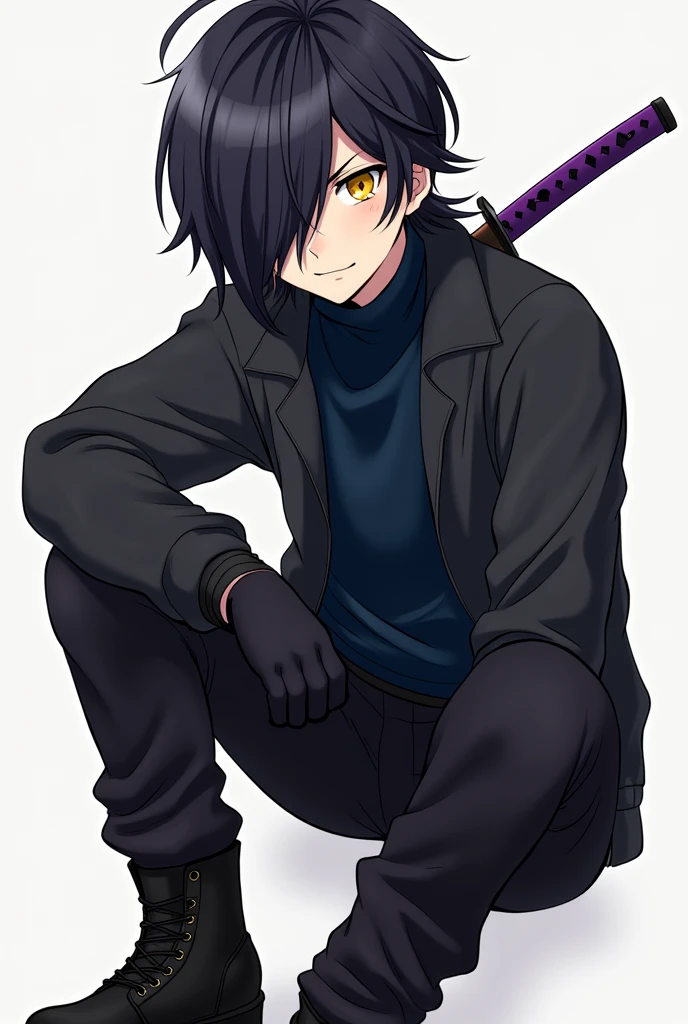 A teenage anime-style male character with long, short black hair, with hair covering the left side of the eye a little and with a slightly large ponytail, with big yellow eyes, with thick black sweatshirt with dark blue turtleneck shirt, black pants and black men's boots, with black gloves, and with 1 purple sheathed Katana on the back.