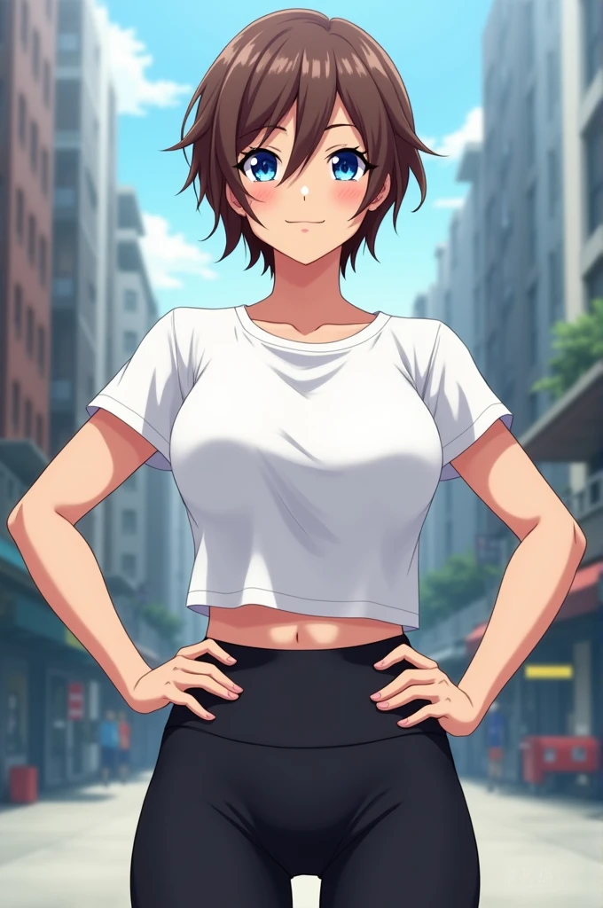 high quality, 8K Ultra HD, Anime style, female, short brown hair, blue eyes, smirking, white t-shirt, black bike shorts, standing in the street, hands on hips,