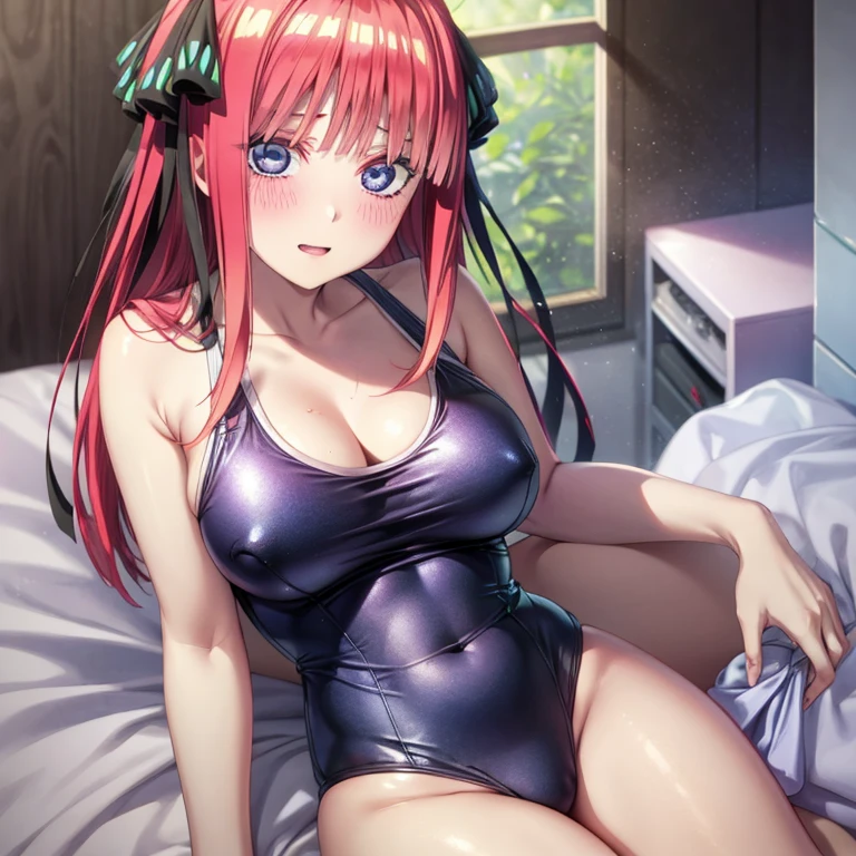 best quality, insanely detailed, nino nakano, breasts, blush, bedroom background, looking at viewer, cheerful eyes,arousal, one-piece swimsuit, old school swimsuit,