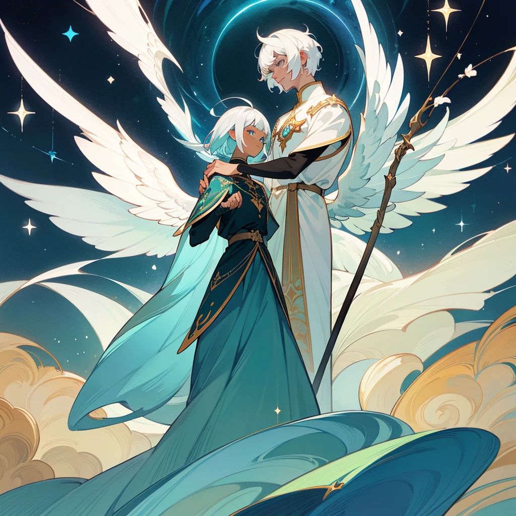 Divine creature solo man with black skin and white hair, short bangs medium back hair. Bright sky blue eyes. Green branches with elongated leaves. Long, wavy tail of dark blue with green sparkles resembling a starry night sky, a pair of wings. mystical atmosphere, delicate brushwork, magical scenery, Peaceful and serene. Astral Witch Outfit, fashion RPG outfit, detailed clothing. (best qualityer, high resolution, ultra detali).