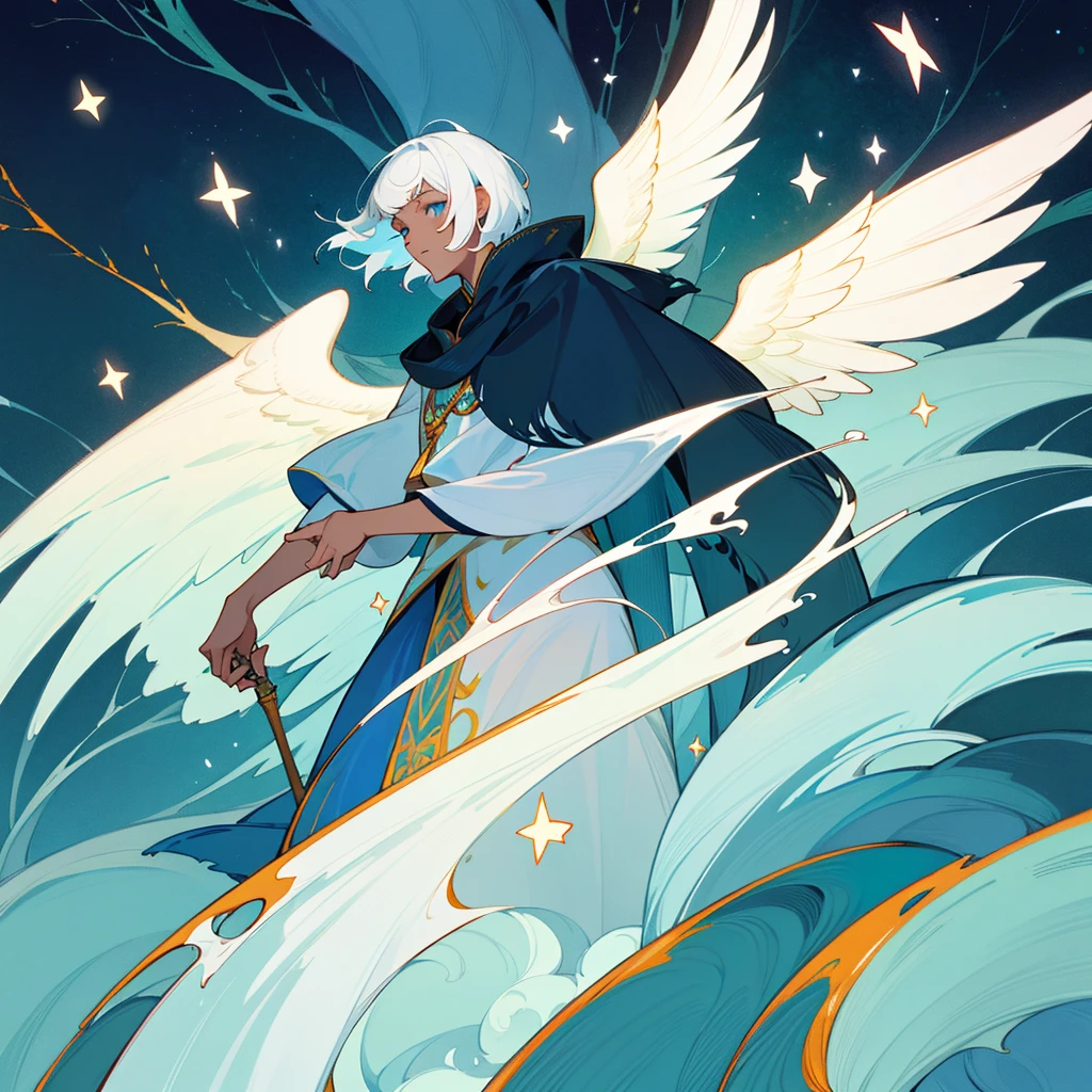 Divine creature solo man with black skin and white hair, short bangs medium back hair. Bright sky blue eyes. Green branches with elongated leaves. Long, wavy tail of dark blue with green sparkles resembling a starry night sky, a pair of wings. mystical atmosphere, delicate brushwork, magical scenery, Peaceful and serene. Astral Witch Outfit, fashion RPG outfit, detailed clothing. (best qualityer, high resolution, ultra detali).