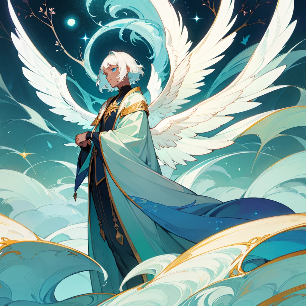 Divine creature solo man with black skin and white hair, short bangs medium back hair. Bright sky blue eyes. Green branches with elongated leaves. Long, wavy tail of dark blue with green sparkles resembling a starry night sky, a pair of wings. mystical atmosphere, delicate brushwork, magical scenery, Peaceful and serene. Astral Witch Outfit, fashion RPG outfit, detailed clothing. (best qualityer, high resolution, ultra detali).