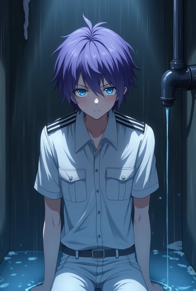 , like , violet hair, blue eyes, He wears a white uniform, is wet in an enclosed space, He's crying. anime style.