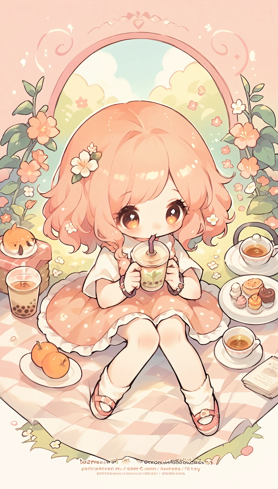 Afternoon Tea, Flower garden Cozy,Orange Pink ,picnic , There are no human characters.