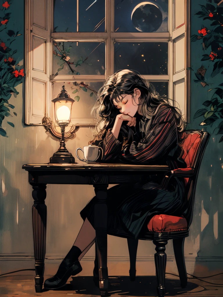 beni, solo, 1girl, yellow_pupils, black_hair, red_flower_hair_ornament, Contemplating, (((background home))), window, sleeping, table, large home side, small character, (((full body))), coffee, long hair, cozy house, black cat, moon, stars, lamp, tree, sofa, book,