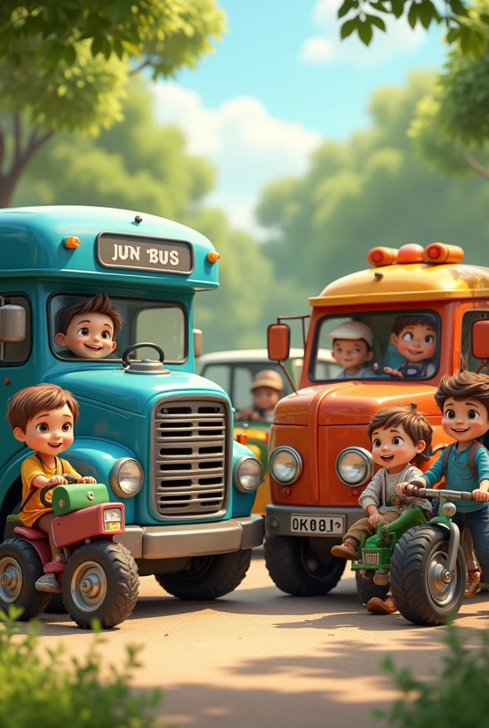 a bus, a car, a Tractor and a Bicycle, with smiling children, next to each other in the park.