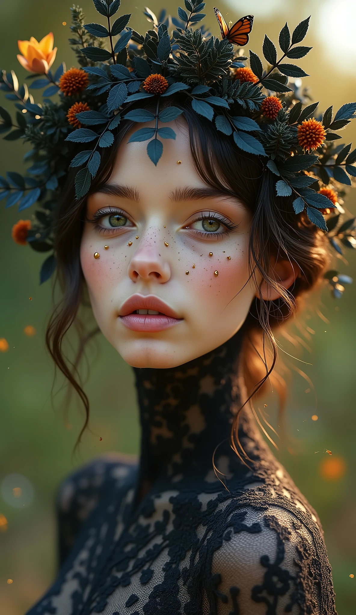 Frontal portrait of a whimsical and white, sensually smiling Italian beauty with a light, porcelain-like complexion who resembles a siren. Youthful features, wide-open eyes and delicate freckles on her nose and cheeks. Her head and shoulders are surrounded by an ornate, leaf-like pattern reminiscent of delicate lace or a network of leaf veins. The pattern should be in onyx black tones and blend seamlessly with the skin or appear as a natural extension of the woman's body. The woman's facial features should be symmetrical and well-defined with a calm and serene expression. The image should combine elements of nature with human features to create an artistic and surreal portrait. Clothing or visible body parts resemble coarse linen of bright colors. Gold particles float in the air, glistening in the light of the evening sun. Overall effect: a calm and unworldly being in quiet contemplation.