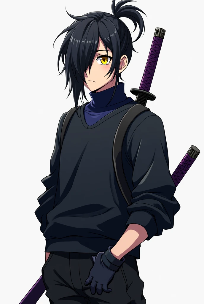 A teenage anime-style male character with long, short black hair, with hair covering the left side of the eye a little and with a slightly large ponytail, with big yellow eyes, with thick black sweatshirt with dark blue turtleneck shirt, black pants and black men's boots, with black gloves, and with 1 purple sheathed Katana on the back.